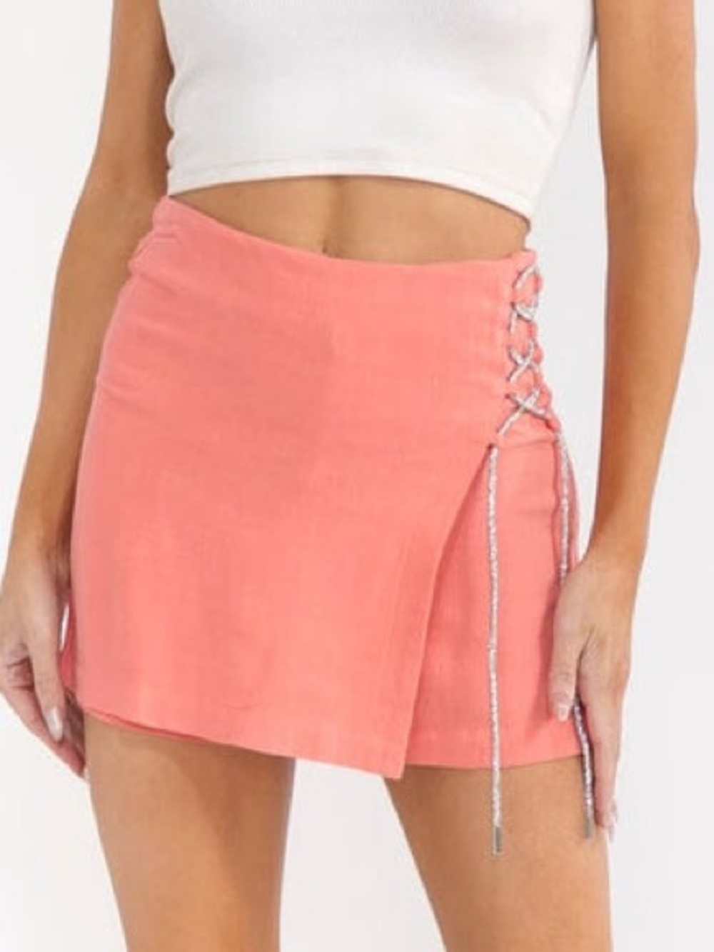 🟠NWT LILY & PEONY Linen Blend High Rise Skort w/Lace-Up Detail on Side - Coral